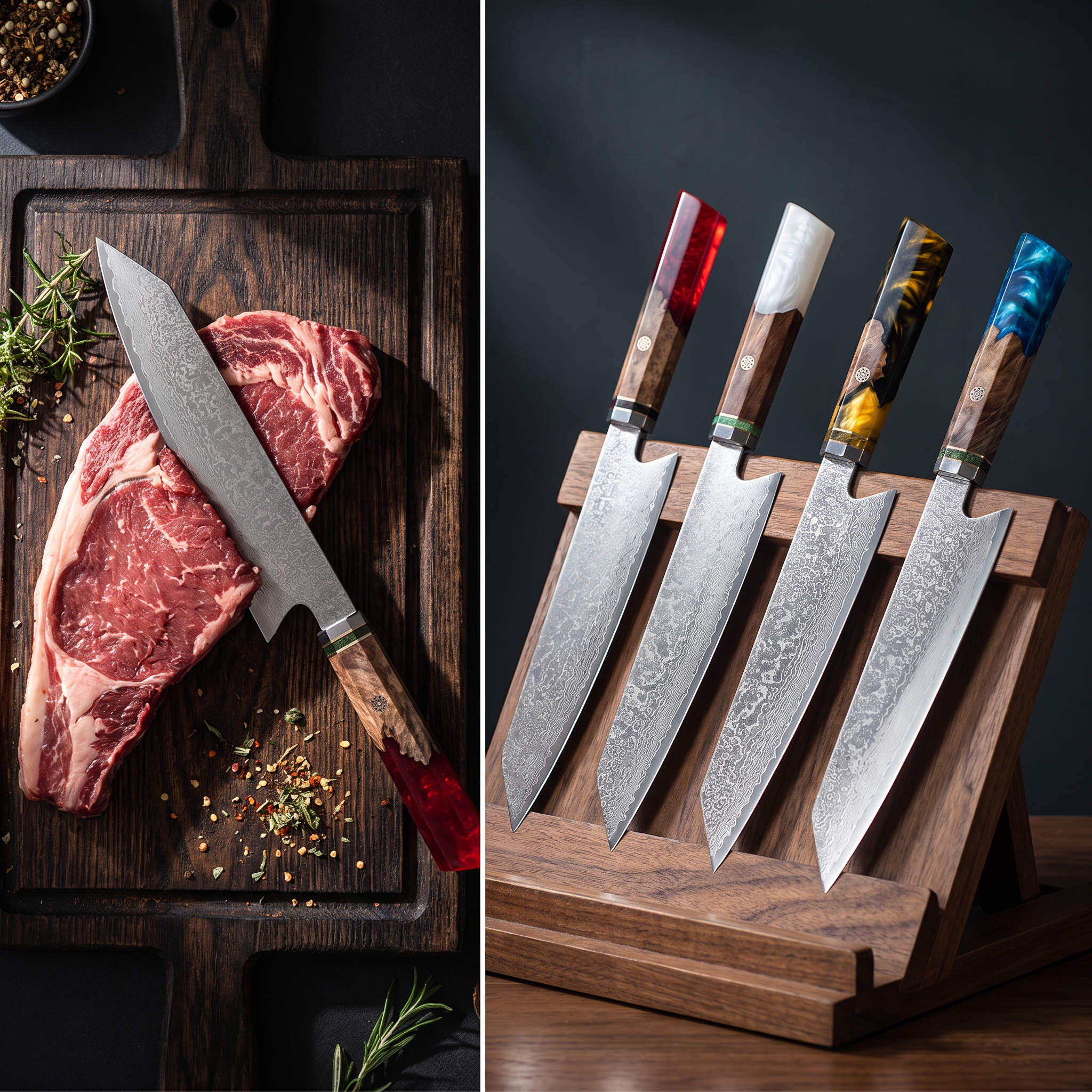 Damascus Pattern Steel Japanese Chef Knife, Colorful Resin Spliced Wood Handle