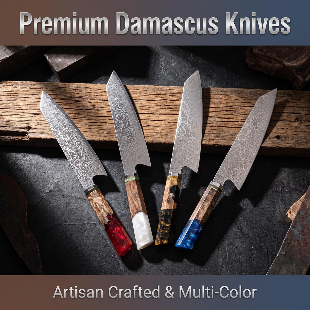 Damascus Pattern Steel Japanese Chef Knife, Colorful Resin Spliced Wood Handle