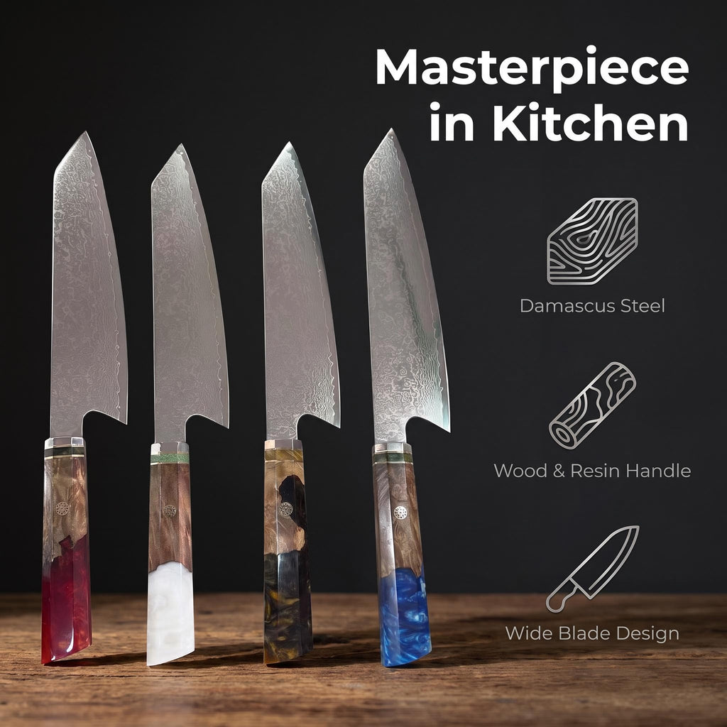 Damascus Pattern Steel Japanese Chef Knife, Colorful Resin Spliced Wood Handle